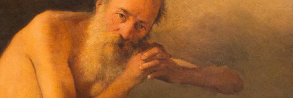 Capa do Catálogo do Museu Histórico de Santa Catarina, usada no artigo do site do artista Dr. Marco Baptista. A imagem mostra a pintura "Meditação de São Jerônimo" (1884–1887), de Sebastião Vieira Fernandes, realizada em óleo sobre tela. A obra retrata um homem idoso, de barba longa e calvo, com expressão serena e introspectiva. Ele está nu do tronco para cima e apoia o rosto em suas mãos cruzadas, em um gesto contemplativo. O fundo é neutro e escuro, destacando a figura. Essa imagem ilustra o catálogo que reúne obras do acervo do Museu Histórico de Santa Catarina – Palácio Cruz e Sousa.