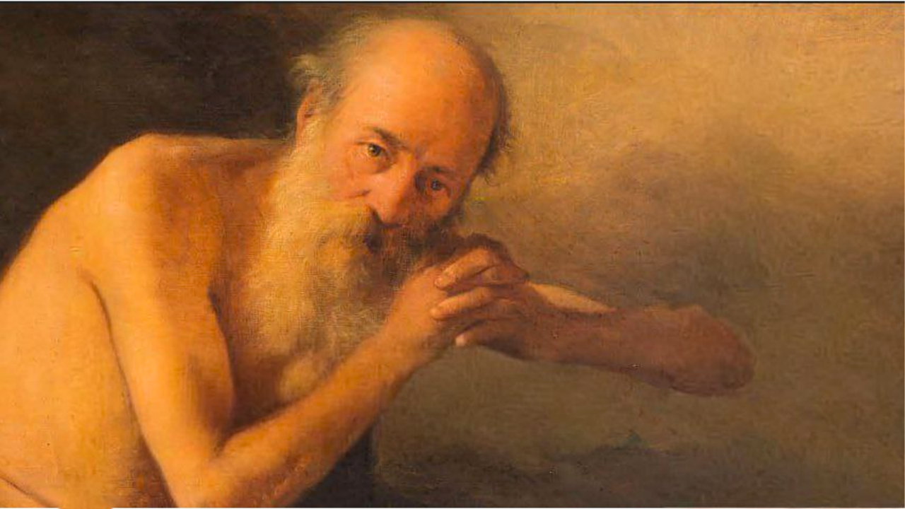 Capa do Catálogo do Museu Histórico de Santa Catarina, usada no artigo do site do artista Dr. Marco Baptista. A imagem mostra a pintura "Meditação de São Jerônimo" (1884–1887), de Sebastião Vieira Fernandes, realizada em óleo sobre tela. A obra retrata um homem idoso, de barba longa e calvo, com expressão serena e introspectiva. Ele está nu do tronco para cima e apoia o rosto em suas mãos cruzadas, em um gesto contemplativo. O fundo é neutro e escuro, destacando a figura. Essa imagem ilustra o catálogo que reúne obras do acervo do Museu Histórico de Santa Catarina – Palácio Cruz e Sousa.